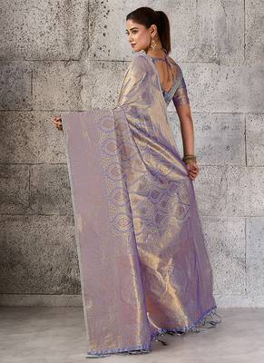Greyish lavender kanjivaram silk blend zari woven saree with unstiched blouse 2