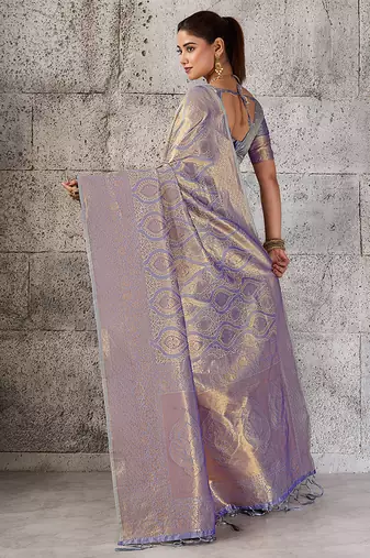Greyish lavender kanjivaram silk blend zari woven saree with unstiched blouse