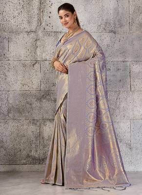 Greyish lavender kanjivaram silk blend zari woven saree with unstiched blouse 3