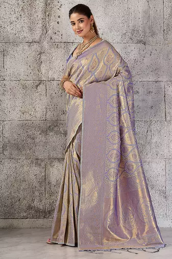 Greyish lavender kanjivaram silk blend zari woven saree with unstiched blouse