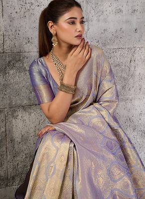 Greyish lavender kanjivaram silk blend zari woven saree with unstiched blouse 4