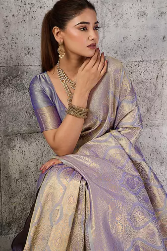 Greyish lavender kanjivaram silk blend zari woven saree with unstiched blouse