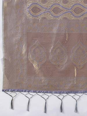 Greyish lavender kanjivaram silk blend zari woven saree with unstiched blouse 5