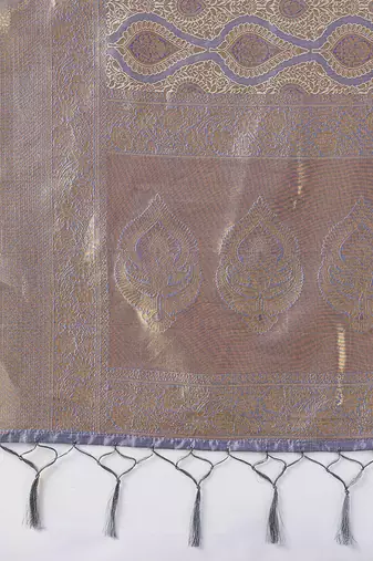 Greyish lavender kanjivaram silk blend zari woven saree with unstiched blouse