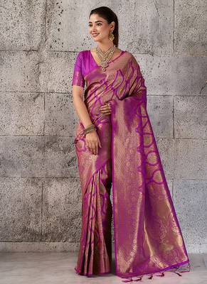 Magenta kanjivaram silk blend zari woven saree with unstiched blouse 1