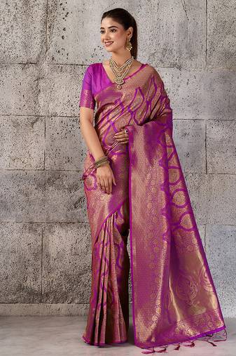 Magenta kanjivaram silk blend zari woven saree with unstiched blouse
