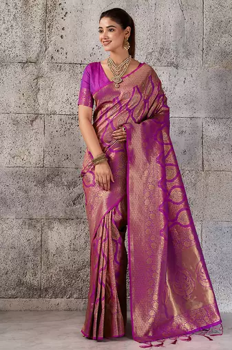 Magenta kanjivaram silk blend zari woven saree with unstiched blouse