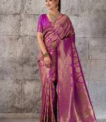 Magenta kanjivaram silk blend zari woven saree with unstiched blouse