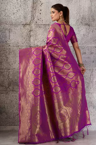 Magenta kanjivaram silk blend zari woven saree with unstiched blouse