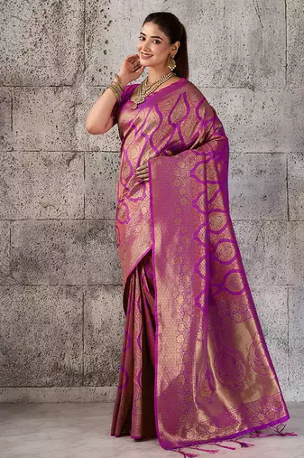 Magenta kanjivaram silk blend zari woven saree with unstiched blouse