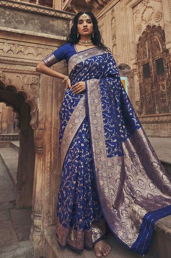 Royal blue banarasi silk blend saree with gold zari floral meenakari work