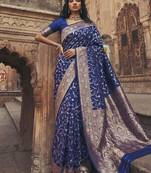Royal blue banarasi silk blend saree with gold zari floral meenakari work