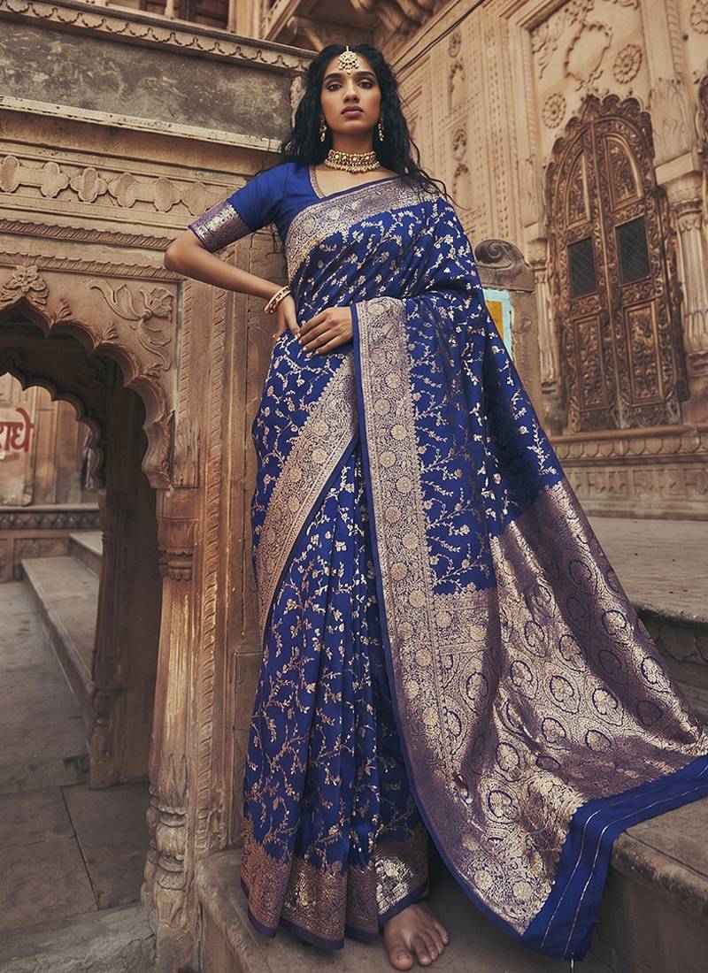 Royal blue banarasi silk blend saree with gold zari floral meenakari work