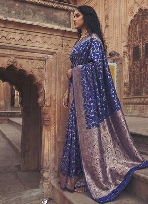 Royal blue banarasi silk blend saree with gold zari floral meenakari work 3