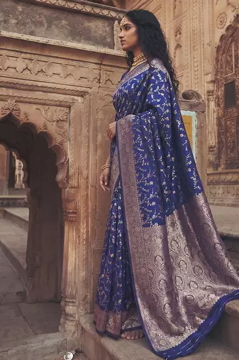 Royal blue banarasi silk blend saree with gold zari floral meenakari work