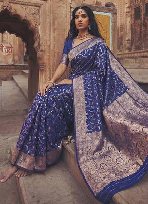 Royal blue banarasi silk blend saree with gold zari floral meenakari work 4