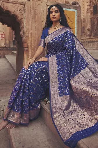 Royal blue banarasi silk blend saree with gold zari floral meenakari work
