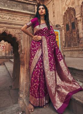 Wine purple banarasi silk saree with gold zari floral meenakari work 1