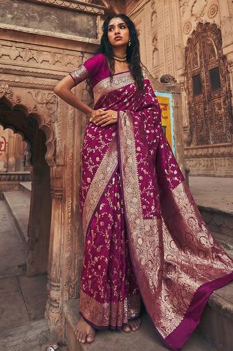 Wine purple banarasi silk saree with gold zari floral meenakari work