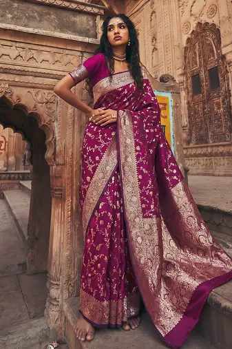 Wine purple banarasi silk saree with gold zari floral meenakari work