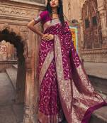 Wine purple banarasi silk saree with gold zari floral meenakari work