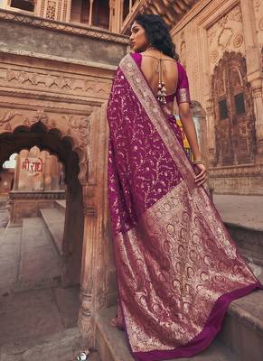 Wine purple banarasi silk saree with gold zari floral meenakari work 2