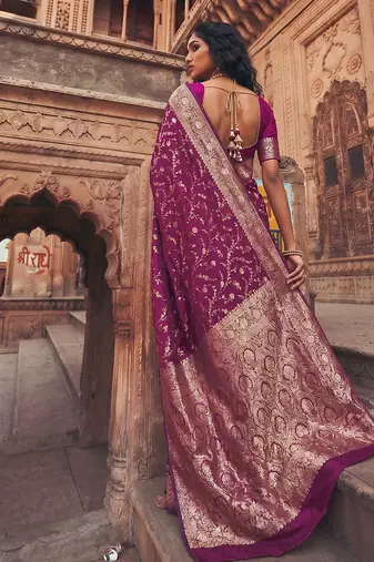 Wine purple banarasi silk saree with gold zari floral meenakari work