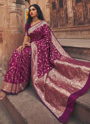 Wine purple banarasi silk saree with gold zari floral meenakari work 4