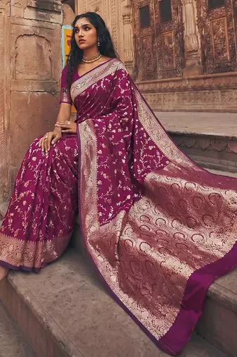 Wine purple banarasi silk saree with gold zari floral meenakari work