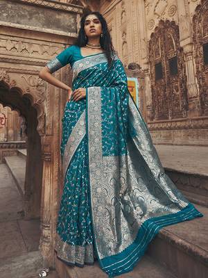 Teal blue banarasi silk saree with gold zari floral meenakari work 1