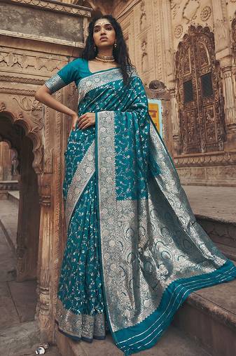 Teal blue banarasi silk saree with gold zari floral meenakari work