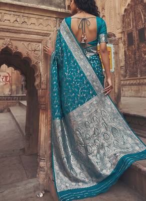 Teal blue banarasi silk saree with gold zari floral meenakari work 2