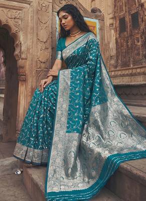 Teal blue banarasi silk saree with gold zari floral meenakari work 4