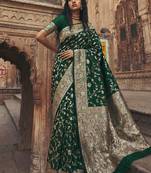 Dark green banarasi silk saree with gold zari floral meenakari work