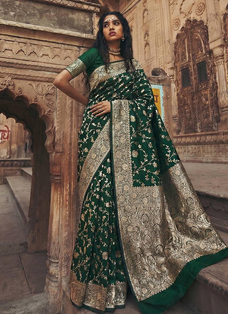 Dark green banarasi silk saree with gold zari floral meenakari work