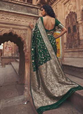 Dark green banarasi silk saree with gold zari floral meenakari work 2