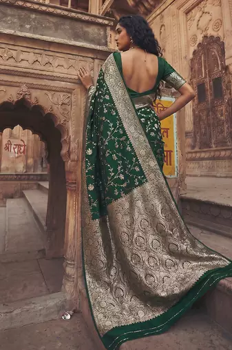 Dark green banarasi silk saree with gold zari floral meenakari work