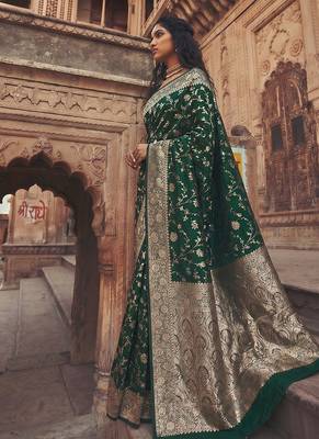 Dark green banarasi silk saree with gold zari floral meenakari work 3