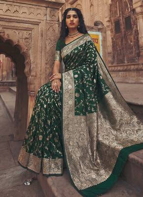 Dark green banarasi silk saree with gold zari floral meenakari work 4