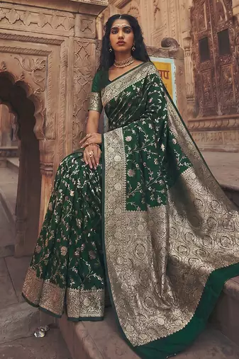 Dark green banarasi silk saree with gold zari floral meenakari work