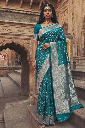 Teal banarasi silk saree with gold zari floral meenakari work