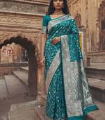 Teal banarasi silk saree with gold zari floral meenakari work