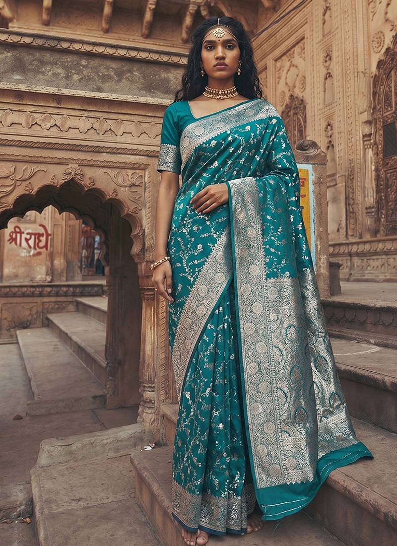 Teal banarasi silk saree with gold zari floral meenakari work