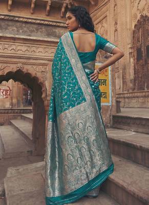 Teal banarasi silk saree with gold zari floral meenakari work 2