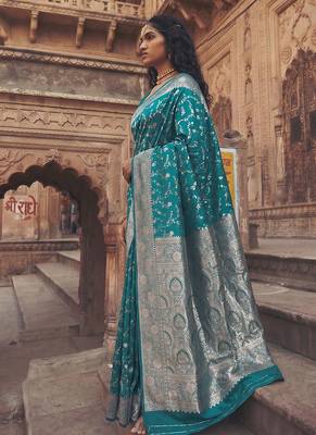 Teal banarasi silk saree with gold zari floral meenakari work 3