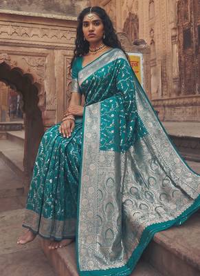 Teal banarasi silk saree with gold zari floral meenakari work 4