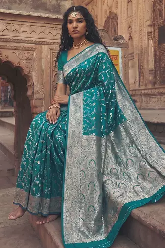 Teal banarasi silk saree with gold zari floral meenakari work