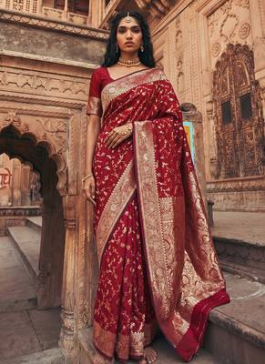Maroon banarasi silk saree with gold zari floral meenakari work 1
