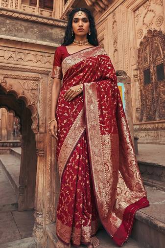 Maroon banarasi silk saree with gold zari floral meenakari work