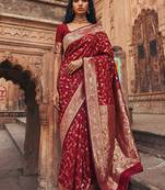 Maroon banarasi silk saree with gold zari floral meenakari work